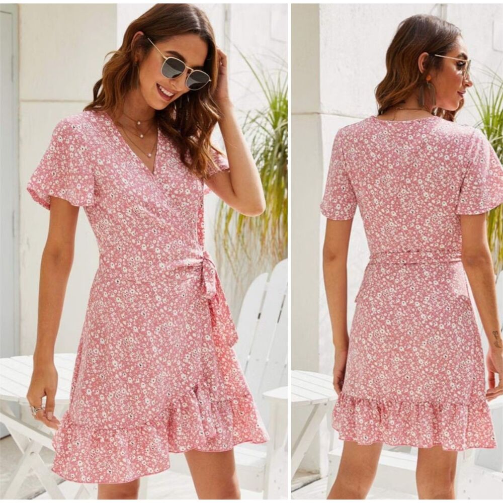 Naggoo True Wrap Ruffle Hem Pink Floral Mini Dress Sz XL Boho Romantic Floral